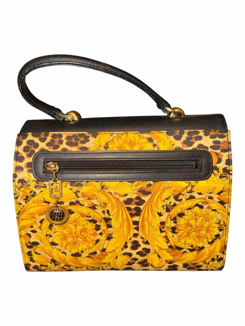 RARE Vintage Gianni Versace Barocco Leopard Canvas Top Handle Bag Medallion - Picture 3 of 7